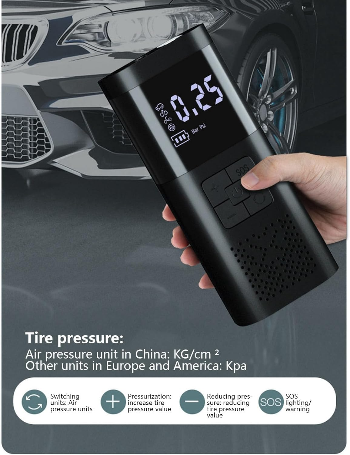 Prenosný bezdrôtový kompresor 12V s LCD displejom — изображение 4